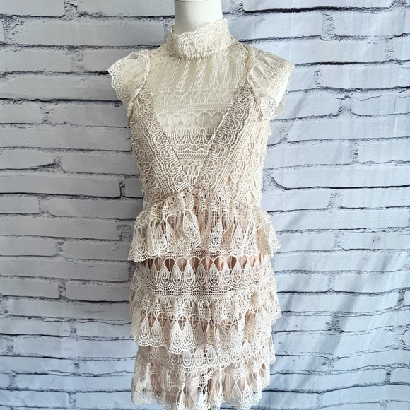 Aqua Dresses & Skirts - AQUA NWT Lace Tiered Mini Dress Size L Canvas Cottagecore Prairie Victorian Boho